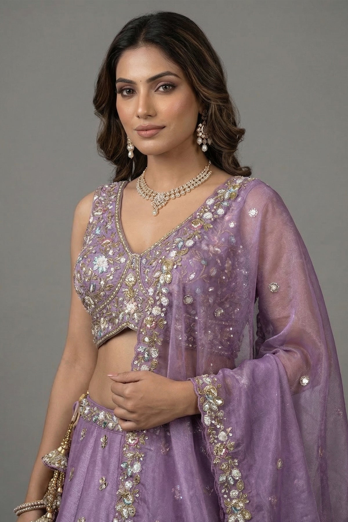 Lavender Tissue Lehenga Choli with Floral Medallion Embroidery