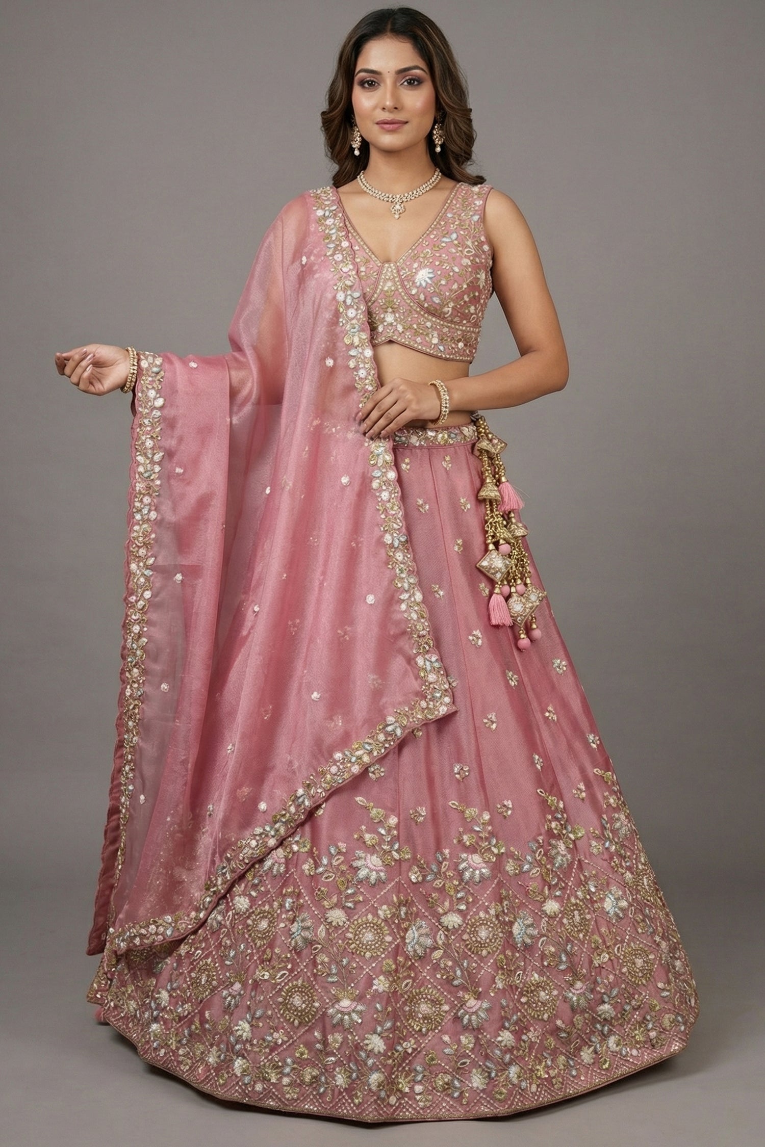 Blush Pink Tissue Lehenga Choli with Floral Lattice Embroidery Main image