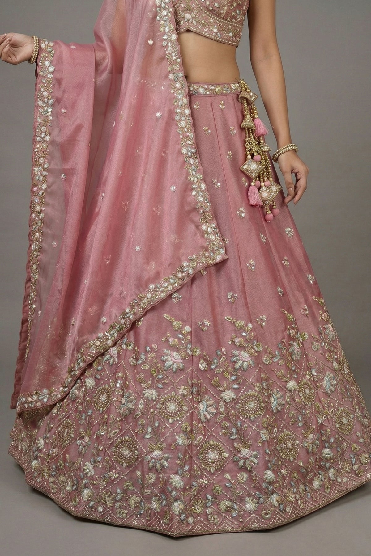 Blush Pink Tissue Lehenga Choli with Floral Lattice Embroidery