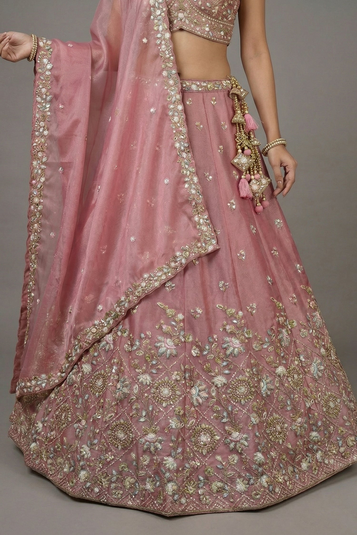 Blush Pink Tissue Lehenga Choli with Floral Lattice Embroidery