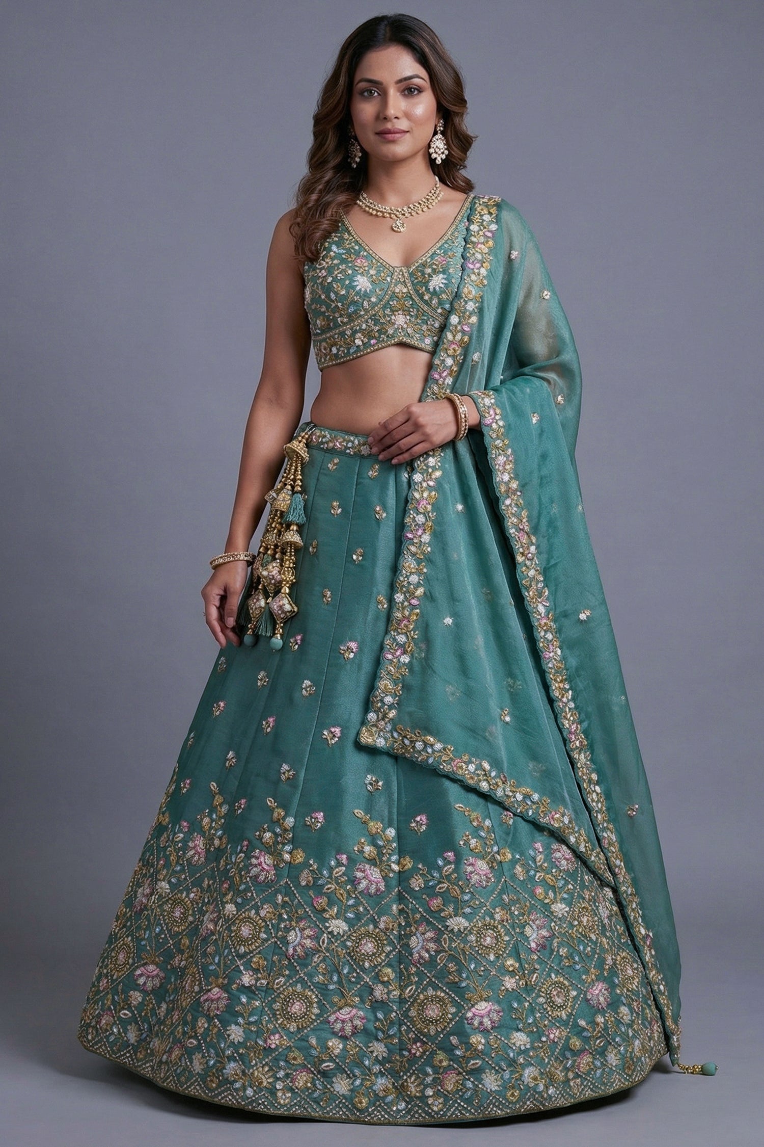 Sea Green Tissue Lehenga Choli with Pastel Floral Jaal Embroidery Main image