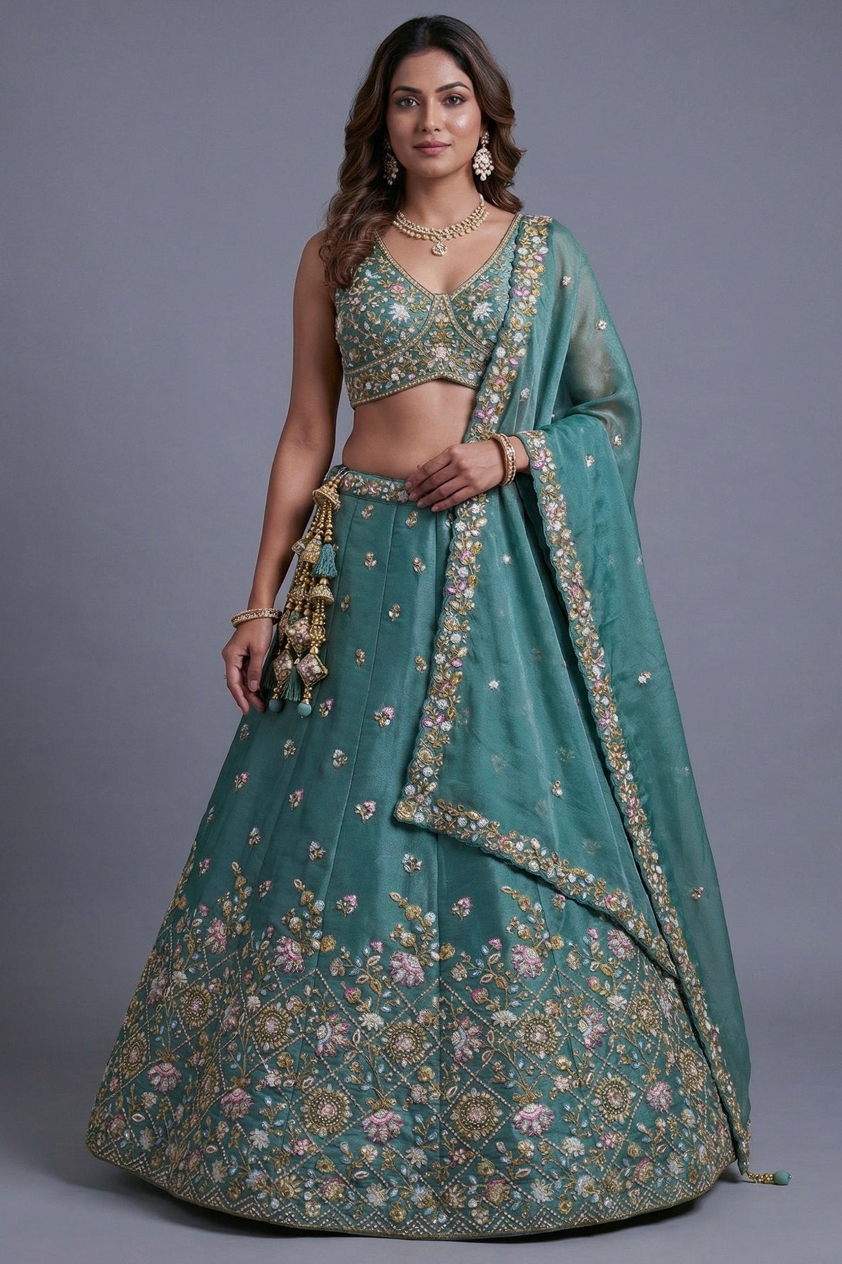 Sea Green Tissue Lehenga Choli with Pastel Floral Jaal Embroidery