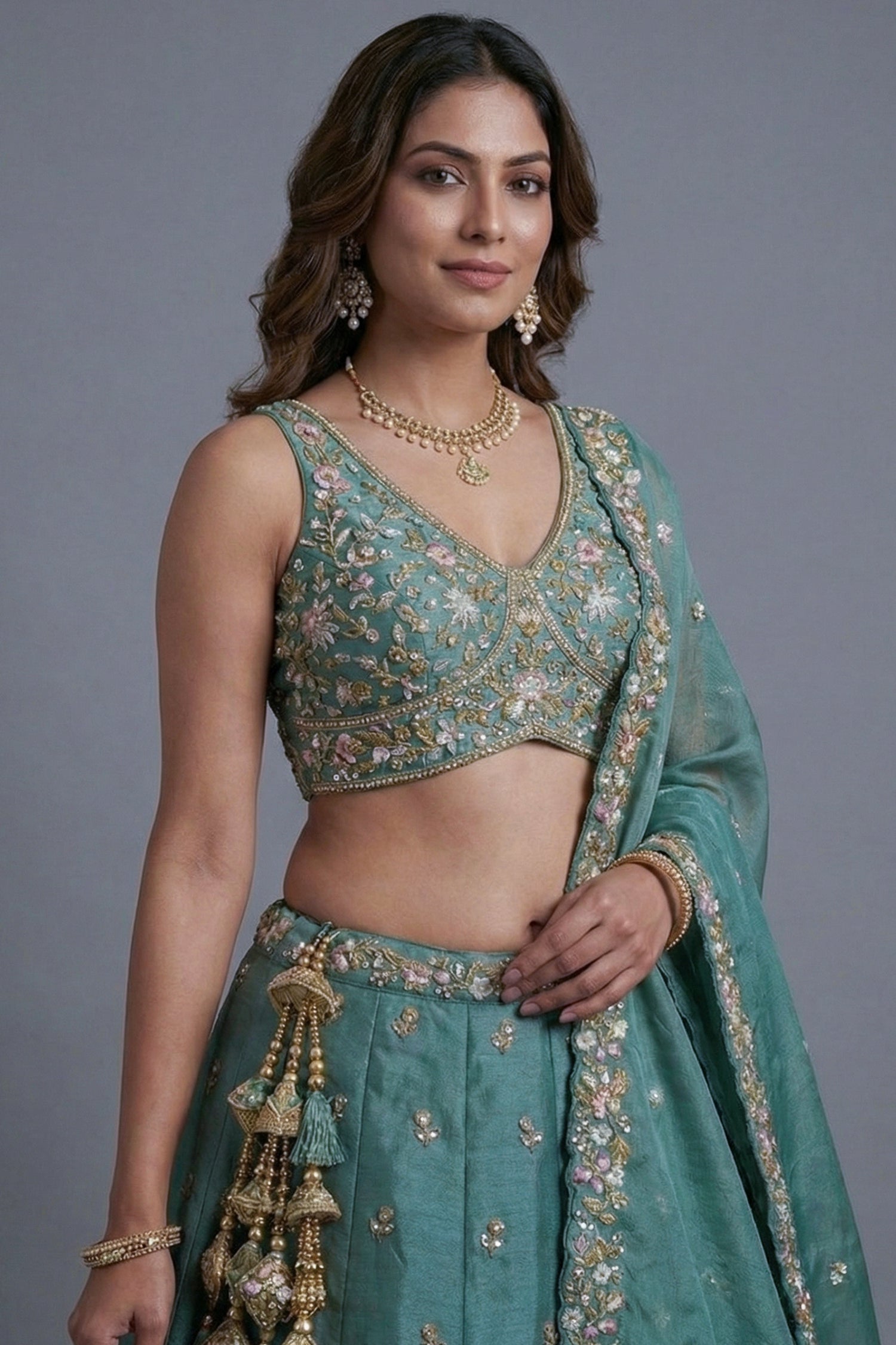 Sea Green Tissue Lehenga Choli with Pastel Floral Jaal Embroidery Secondary image