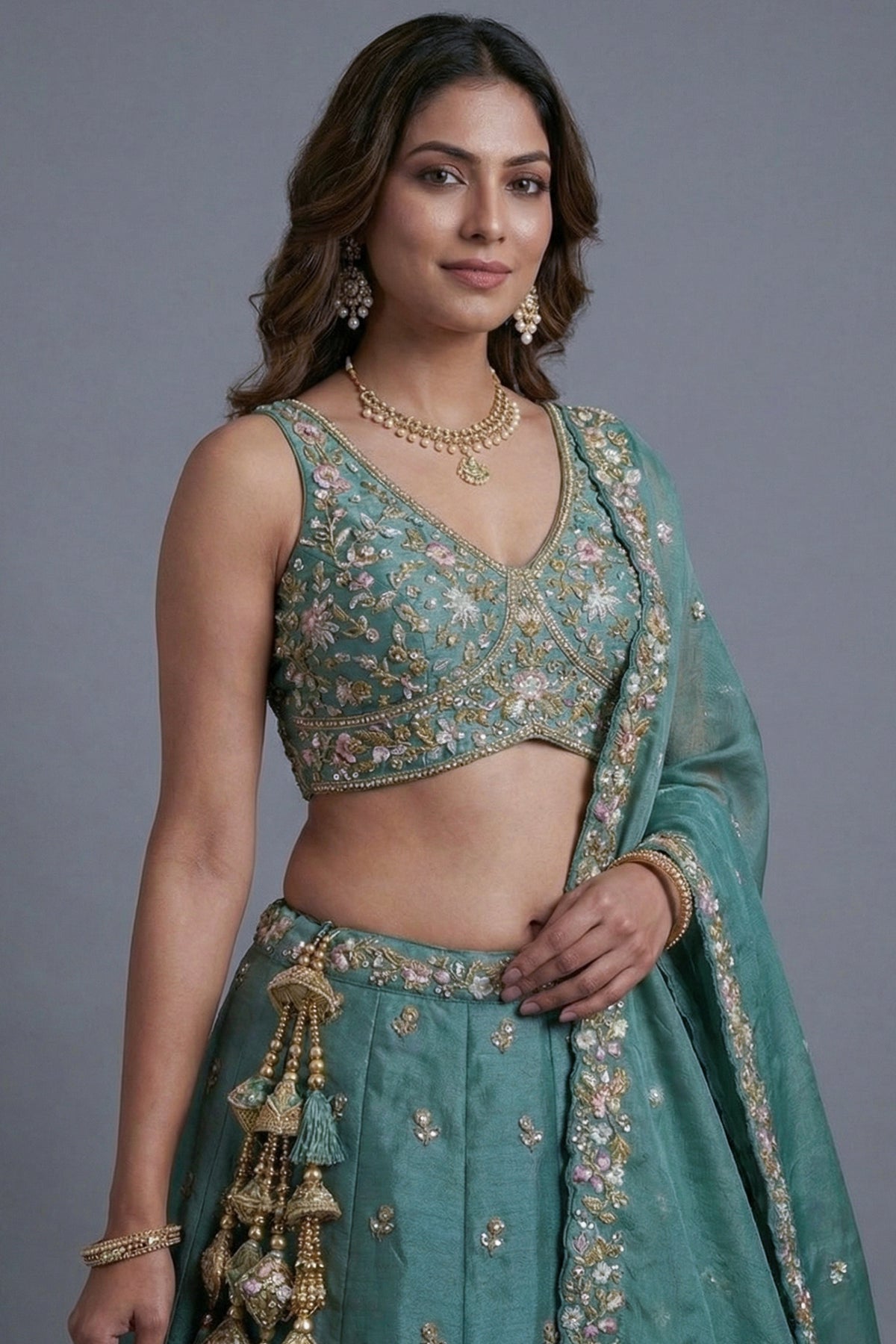 Sea Green Tissue Lehenga Choli with Pastel Floral Jaal Embroidery