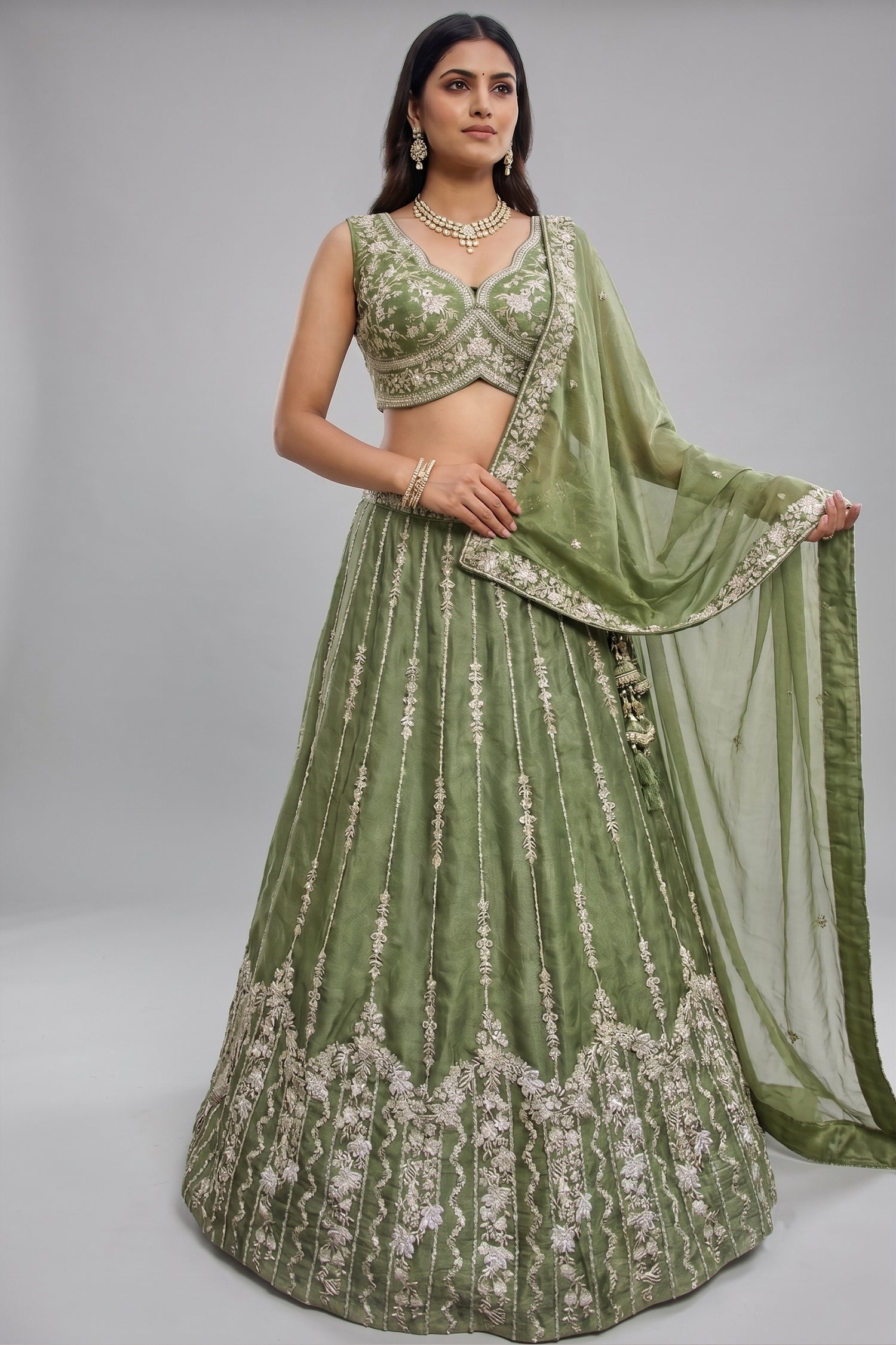 Mehndi Green Tissue Lehenga Choli with Vertical Sequin Embroidery Main image