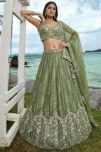 Mehndi Green Tissue Lehenga Choli with Vertical Sequin Embroidery