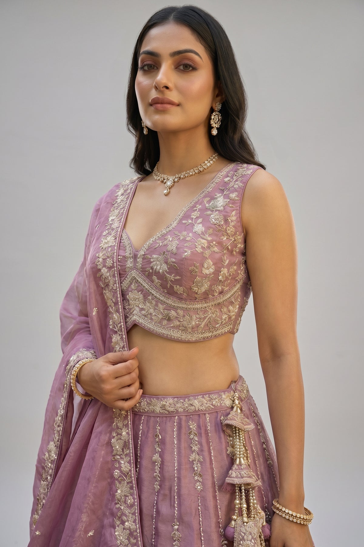Rose Gold Mauve Lehenga Choli with Vertical Stripe & Floral Embroidery