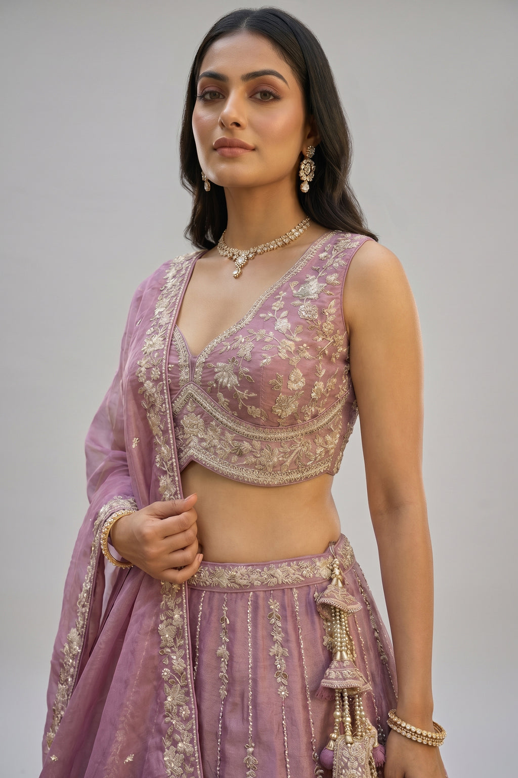 Rose Gold Mauve Lehenga Choli with Vertical Stripe & Floral Embroidery
