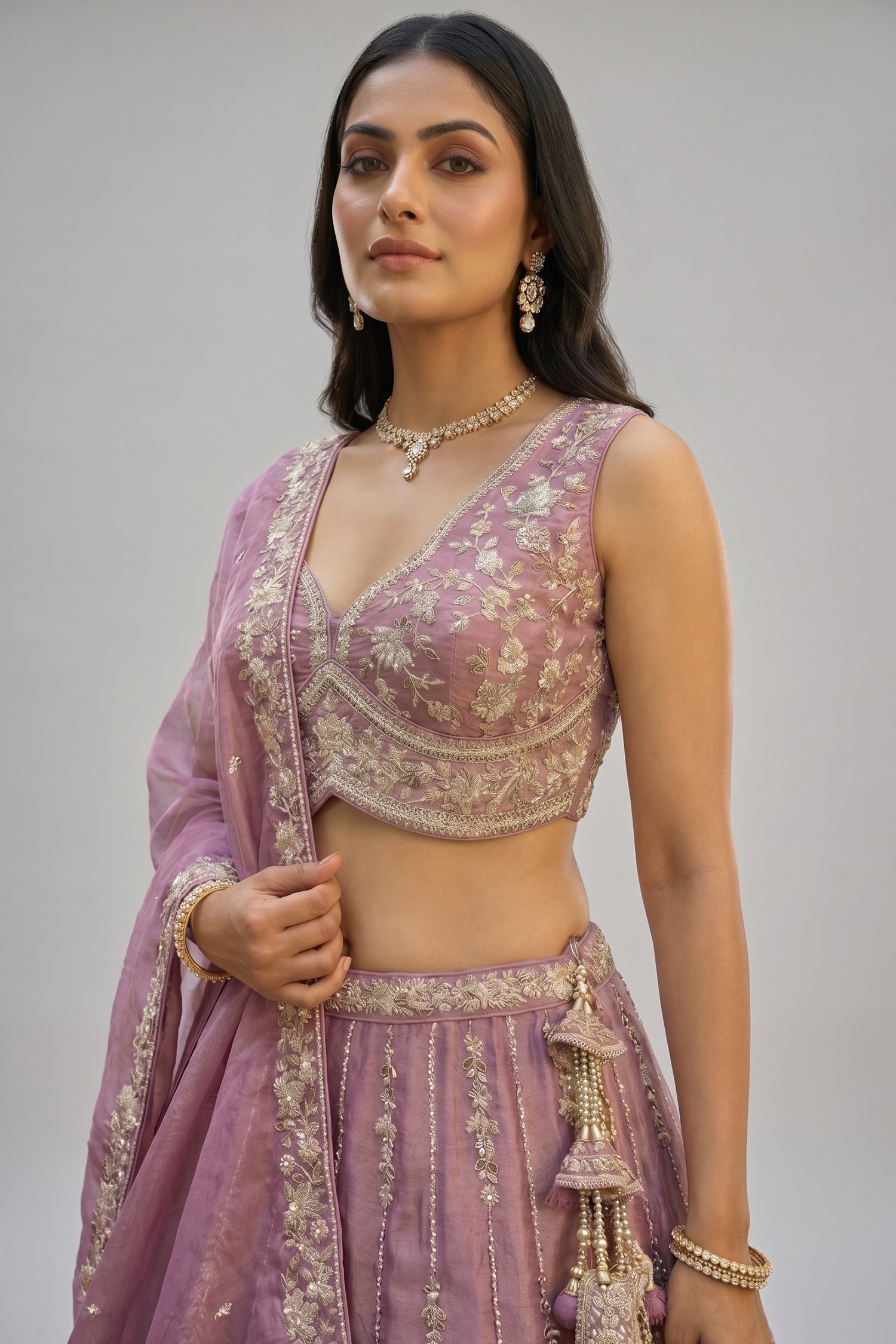 Rose Gold Mauve Lehenga Choli with Vertical Stripe & Floral Embroidery