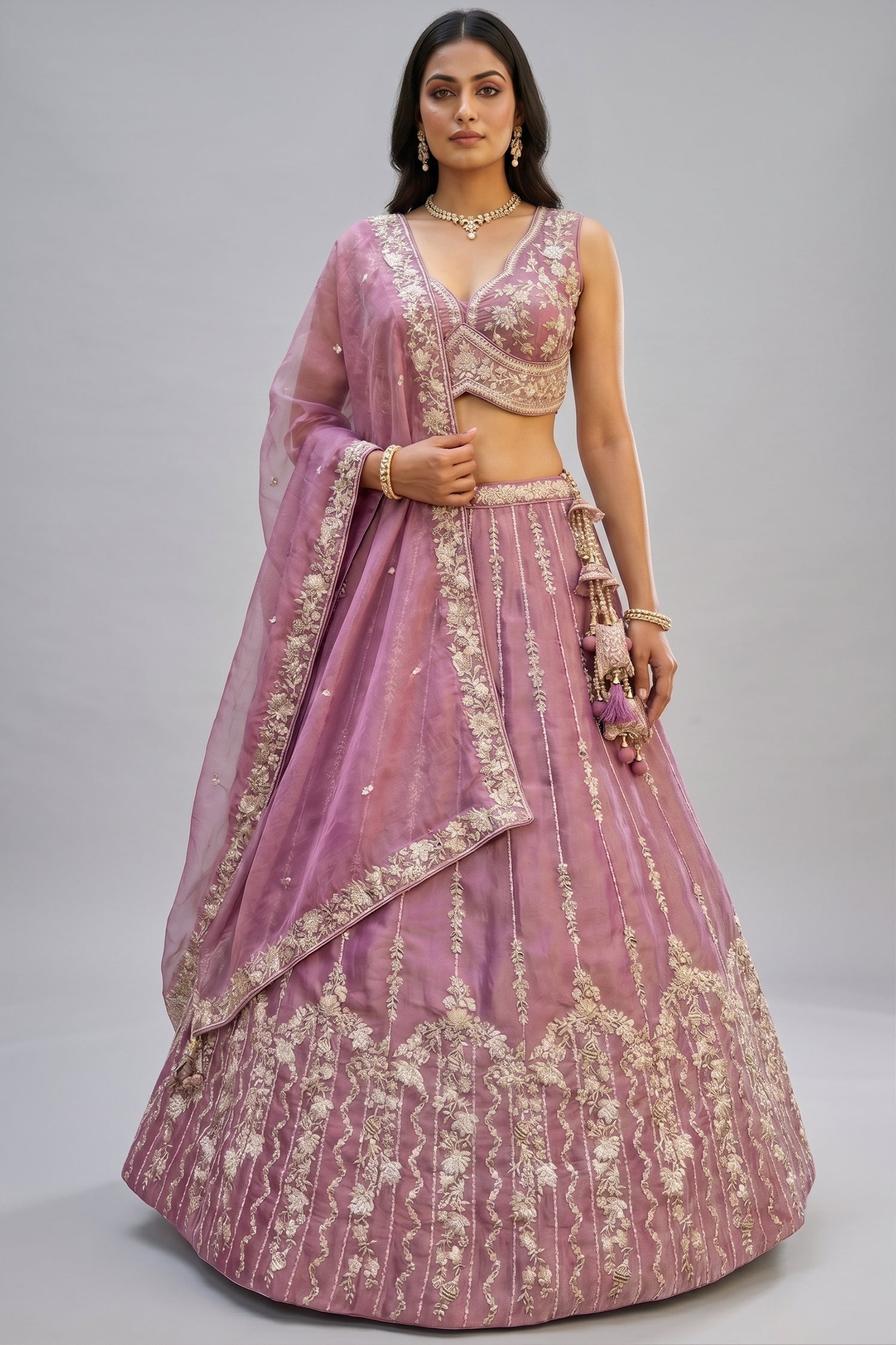Rose Gold Mauve Lehenga Choli with Vertical Stripe & Floral Embroidery Main image