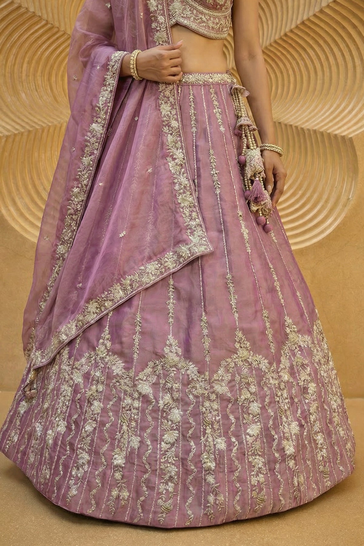 Rose Gold Mauve Lehenga Choli with Vertical Stripe & Floral Embroidery