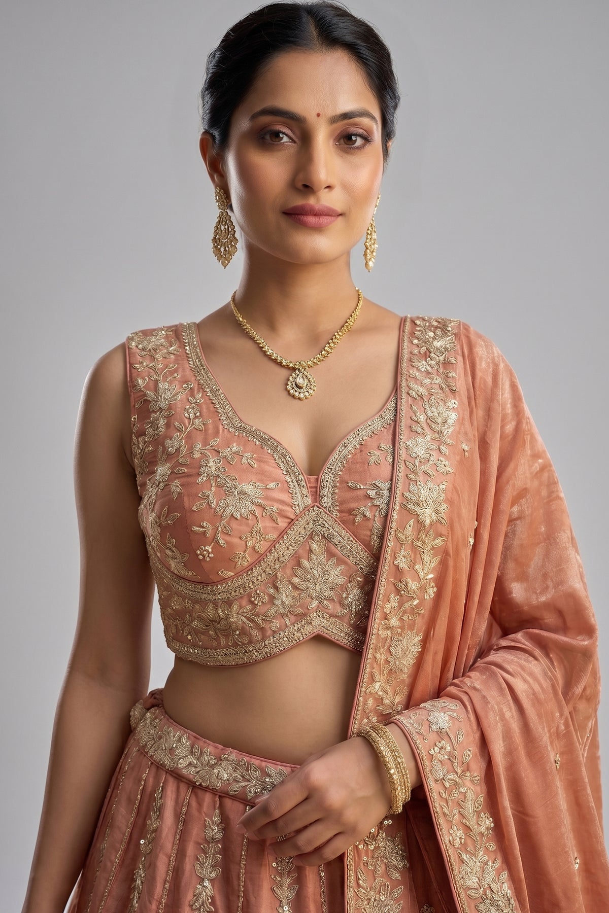 Rust Tissue Lehenga Choli with Vertical Sequin Stripe Embroidery
