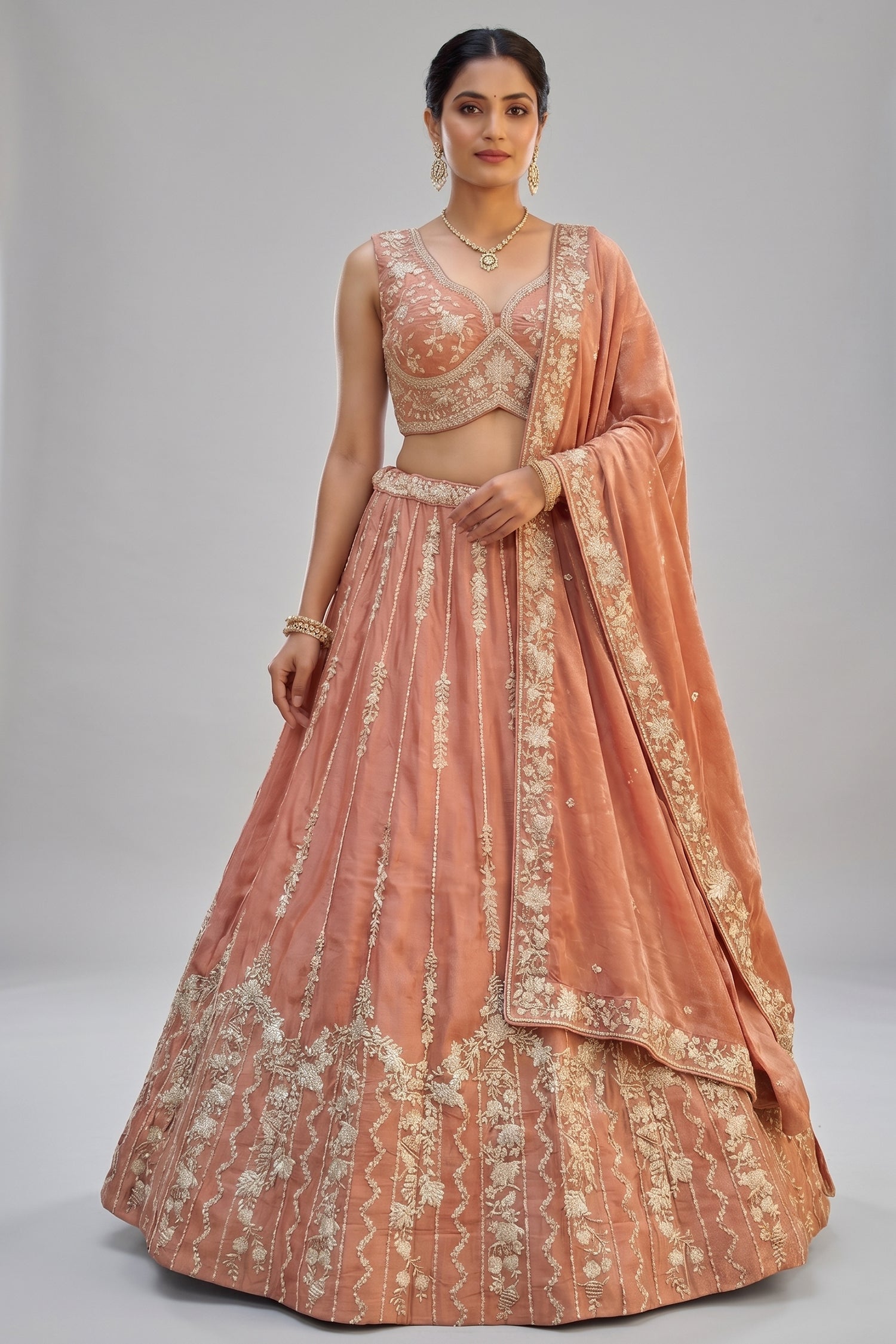 Rust Tissue Lehenga Choli with Vertical Sequin Stripe Embroidery Main image