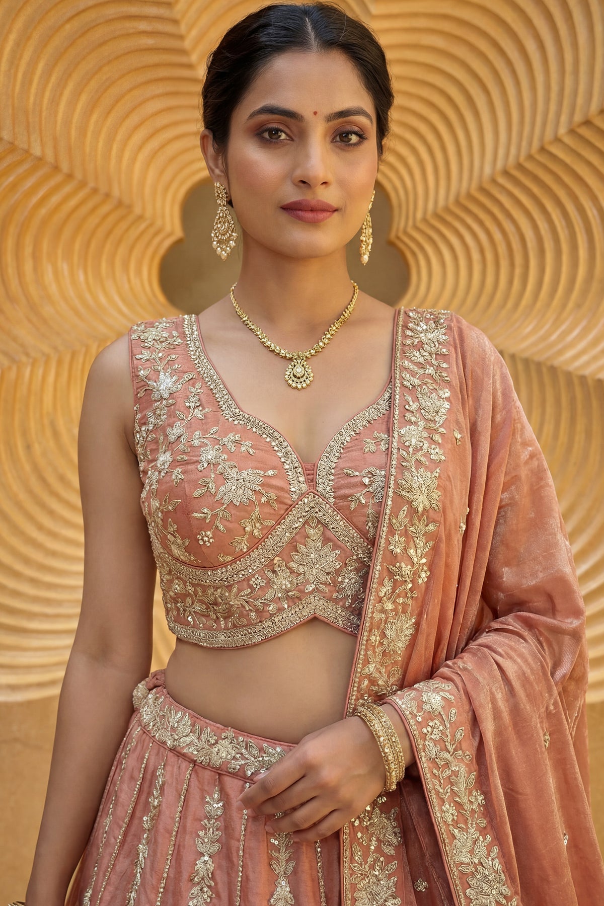 Rust Tissue Lehenga Choli with Vertical Sequin Stripe Embroidery