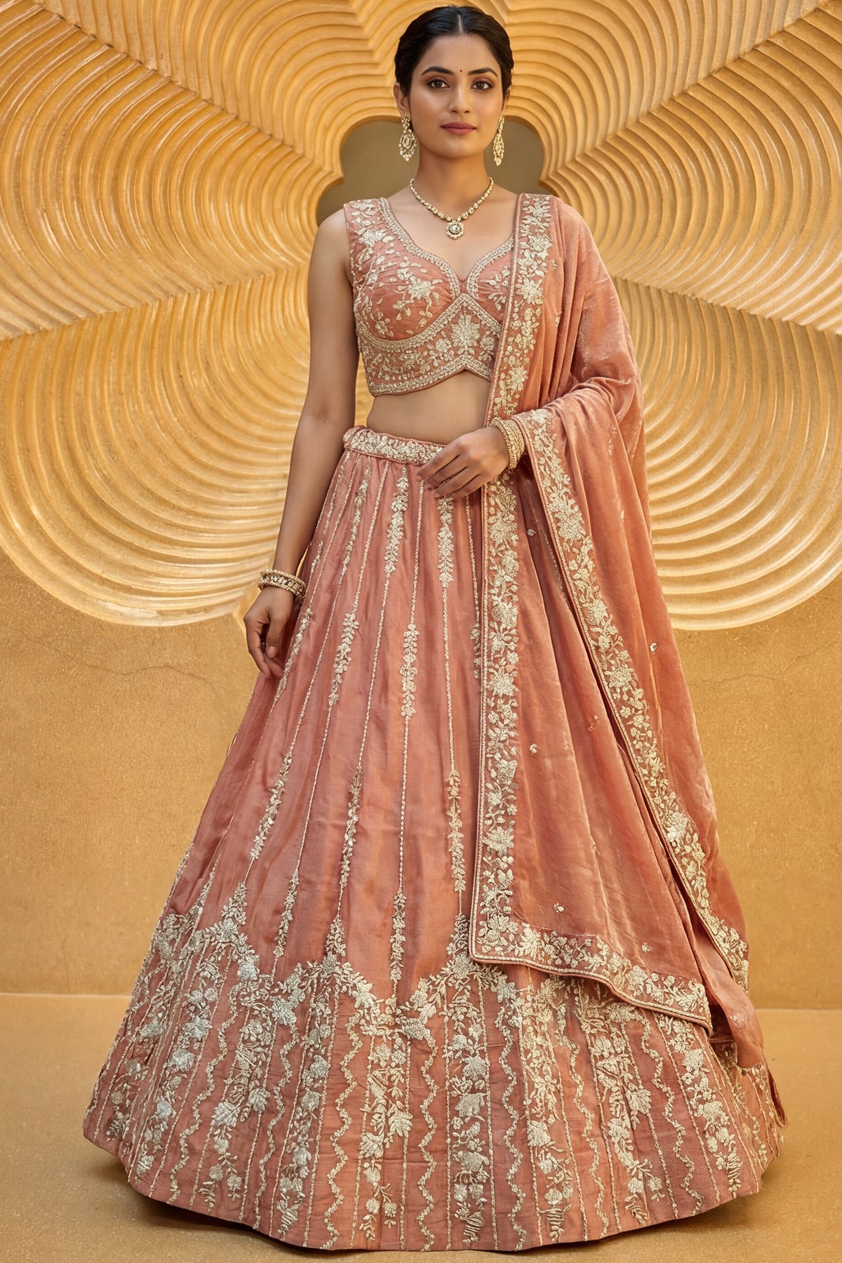 Rust Tissue Lehenga Choli with Vertical Sequin Stripe Embroidery