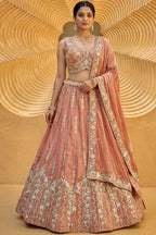 Rust Tissue Lehenga Choli with Vertical Sequin Stripe Embroidery