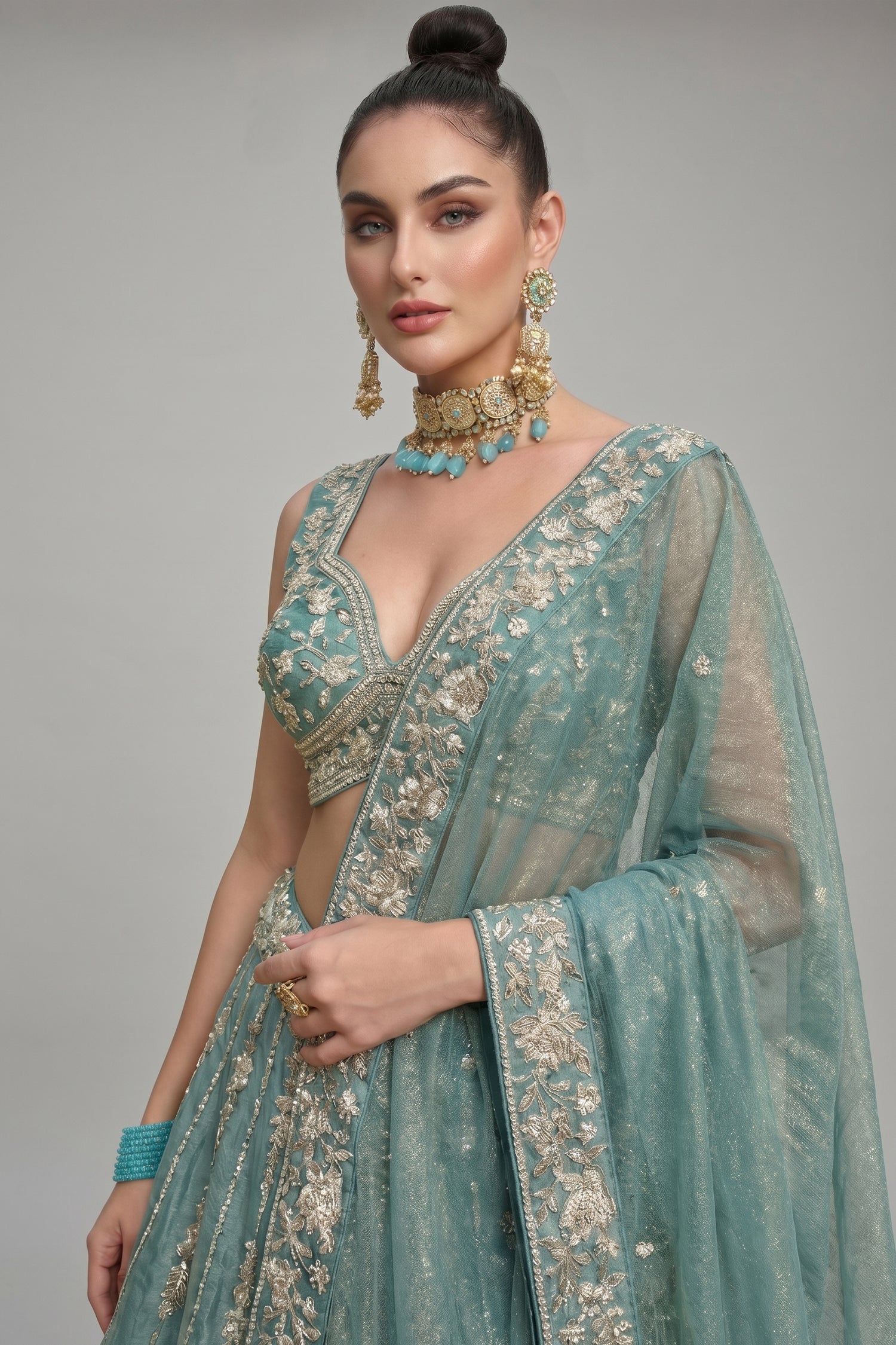 Sky Blue Tissue Lehenga Choli with Vertical Stripe & Scalloped Embroidery Secondary image