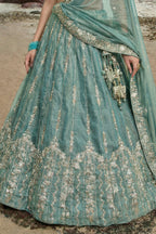 Sky Blue Tissue Lehenga Choli with Vertical Stripe & Scalloped Embroidery