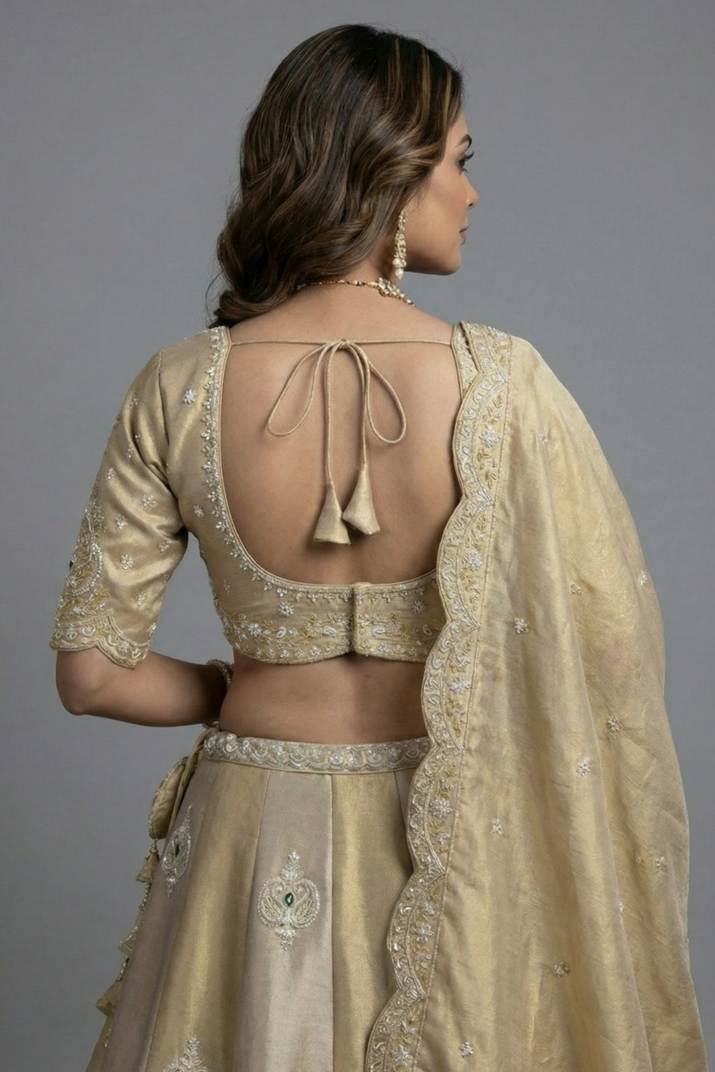 Copper Brown Tissue Lehenga Choli with Scalloped Medallion Embroidery