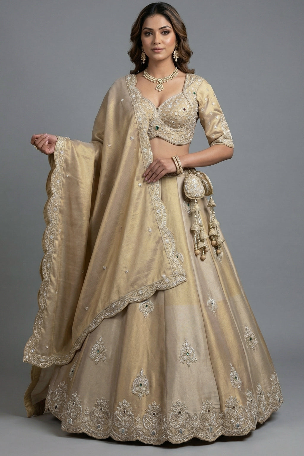Copper Brown Tissue Lehenga Choli with Scalloped Medallion Embroidery