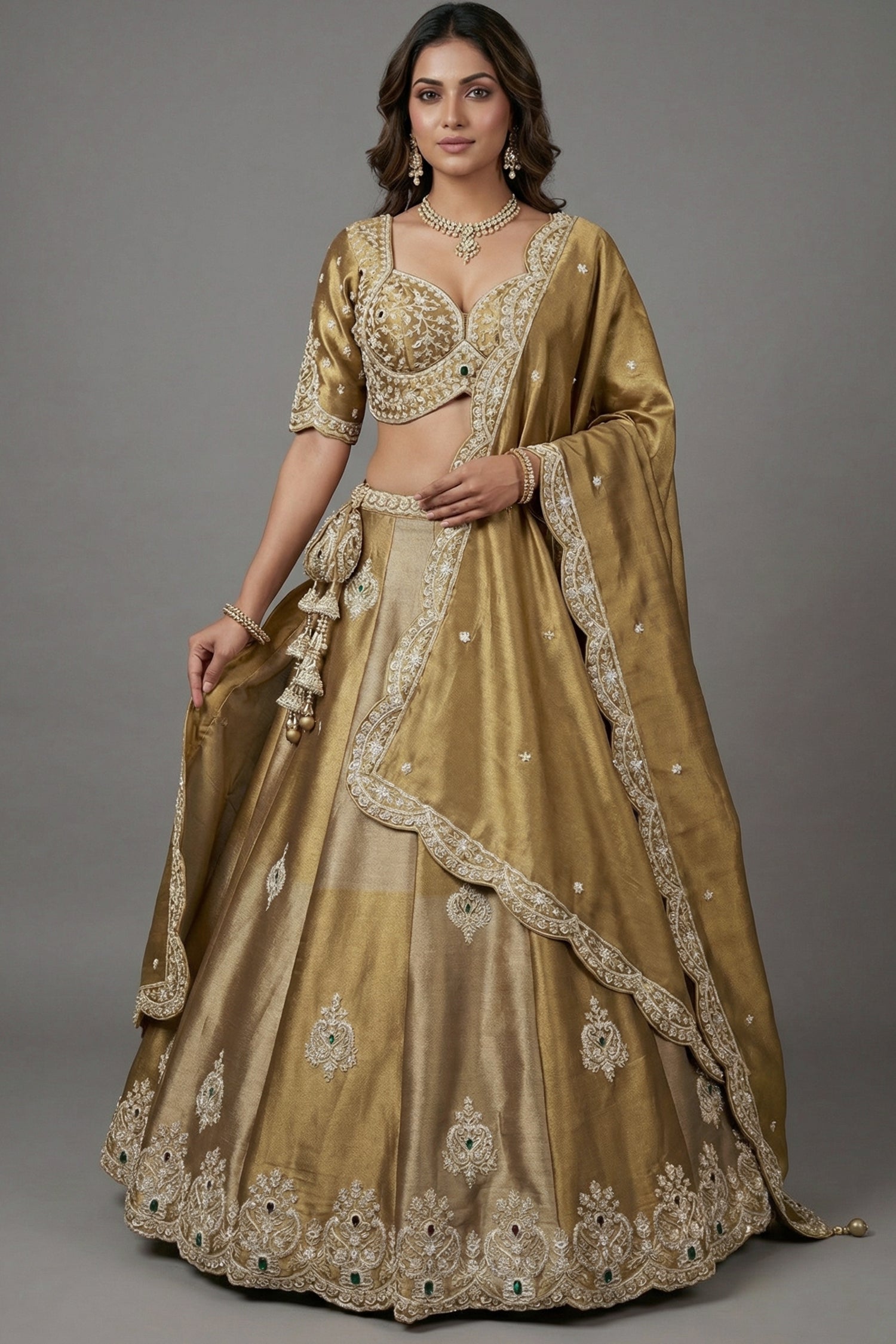 Antique Gold Tissue Lehenga Choli with Scalloped Medallion Embroidery Main image