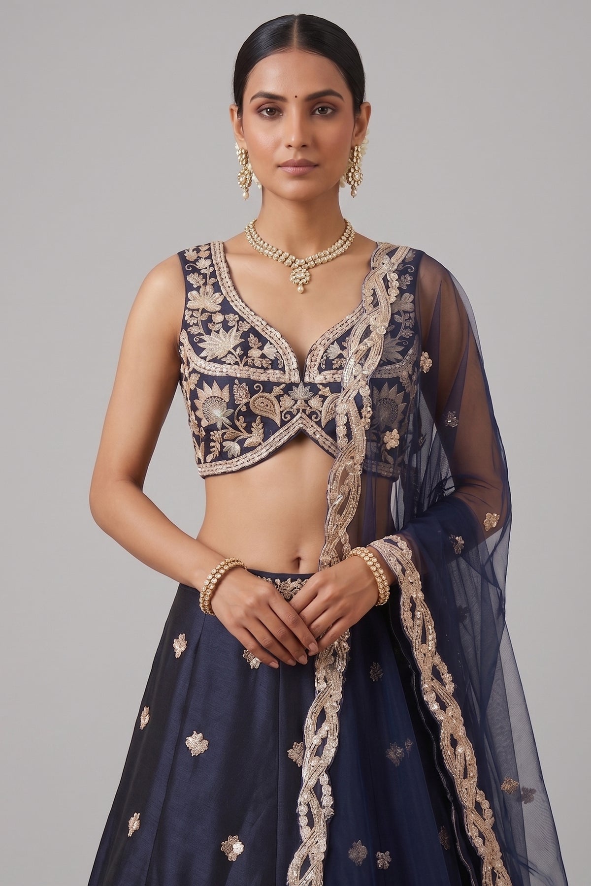 Navy Blue Silk Lehenga Choli with Tropical Botanical Embroidery