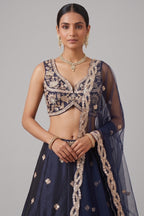 Navy Blue Silk Lehenga Choli with Tropical Botanical Embroidery