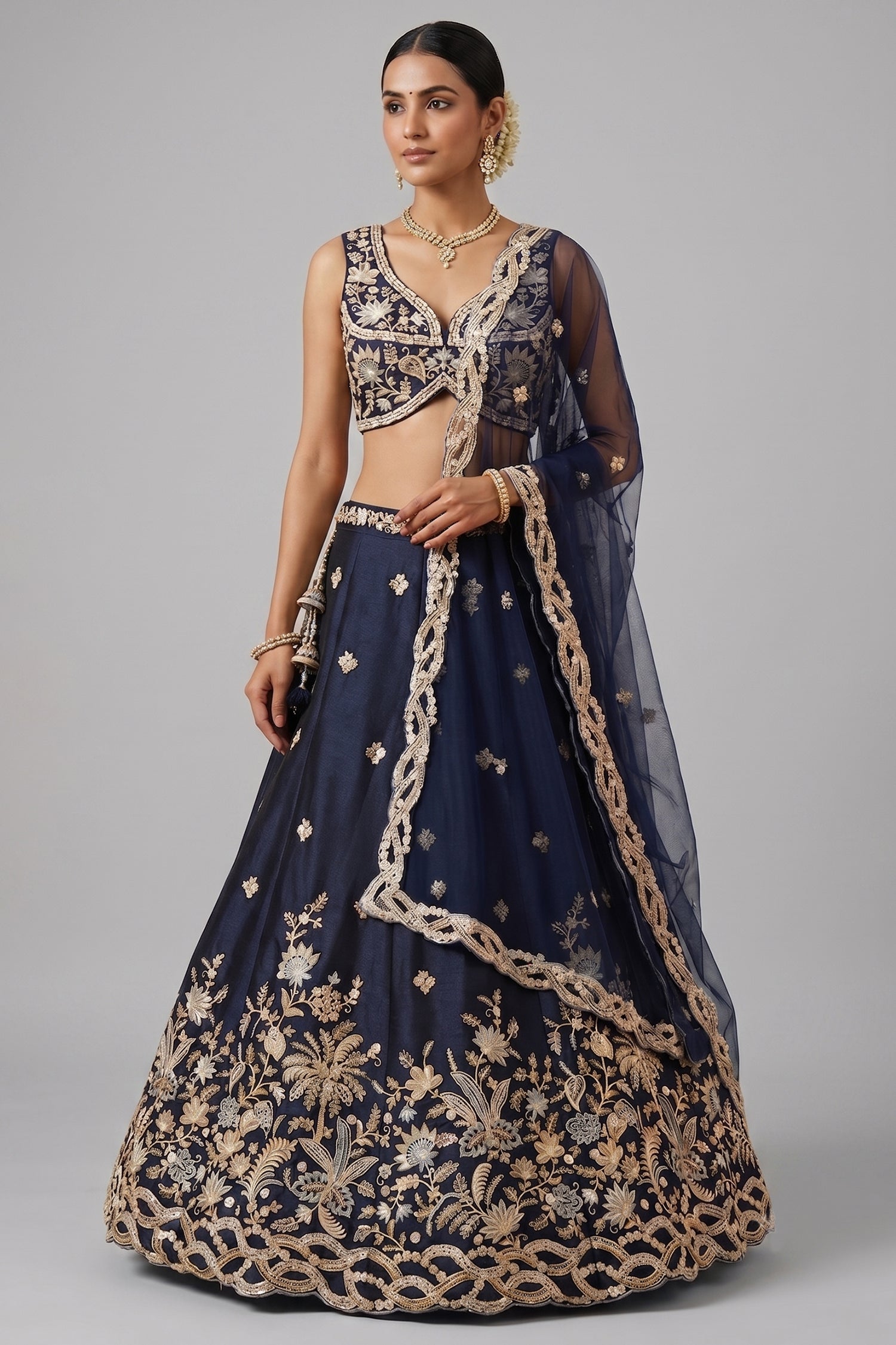 Navy Blue Silk Lehenga Choli with Tropical Botanical Embroidery Main image