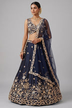 Navy Blue Silk Lehenga Choli with Tropical Botanical Embroidery