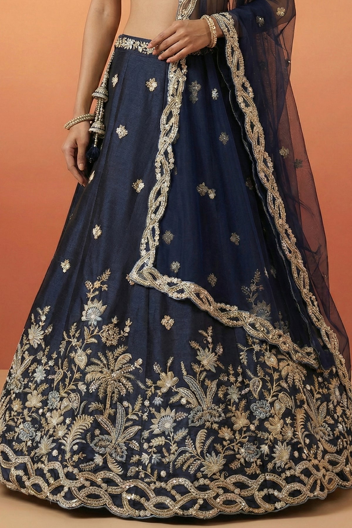 Navy Blue Silk Lehenga Choli with Tropical Botanical Embroidery