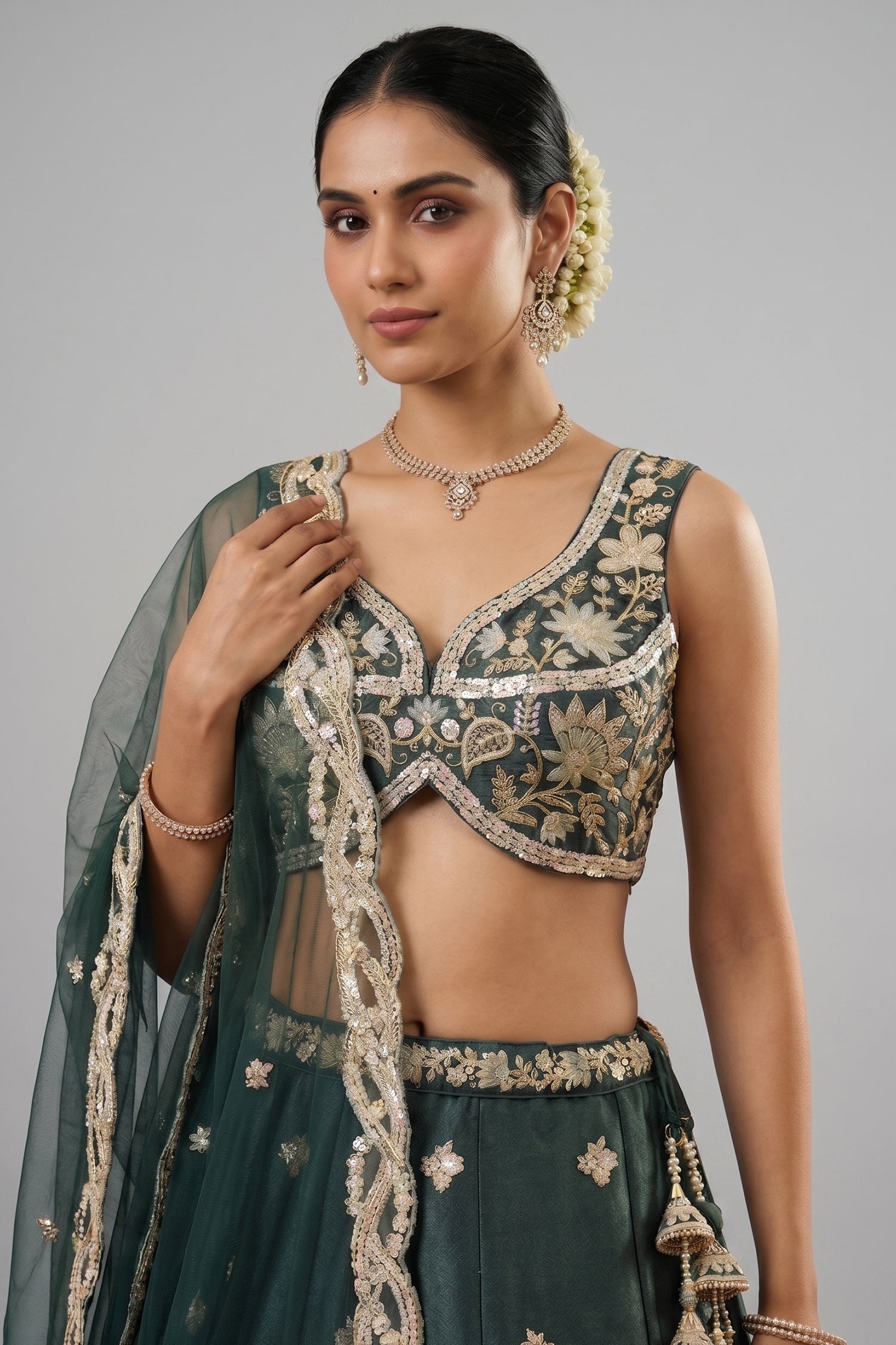 Rama Teal Silk Lehenga Choli with Tropical Botanical Embroidery Secondary image