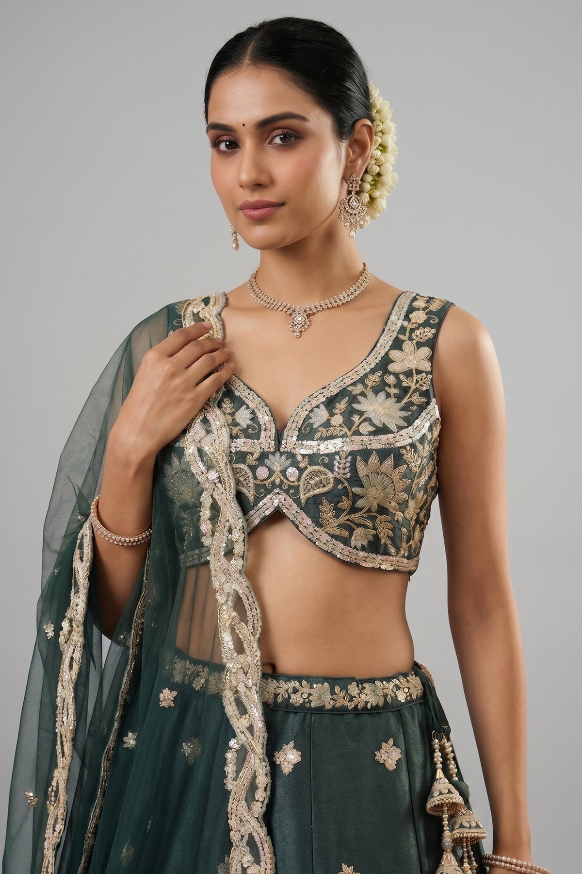 Rama Teal Silk Lehenga Choli with Tropical Botanical Embroidery