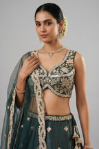 Rama Teal Silk Lehenga Choli with Tropical Botanical Embroidery