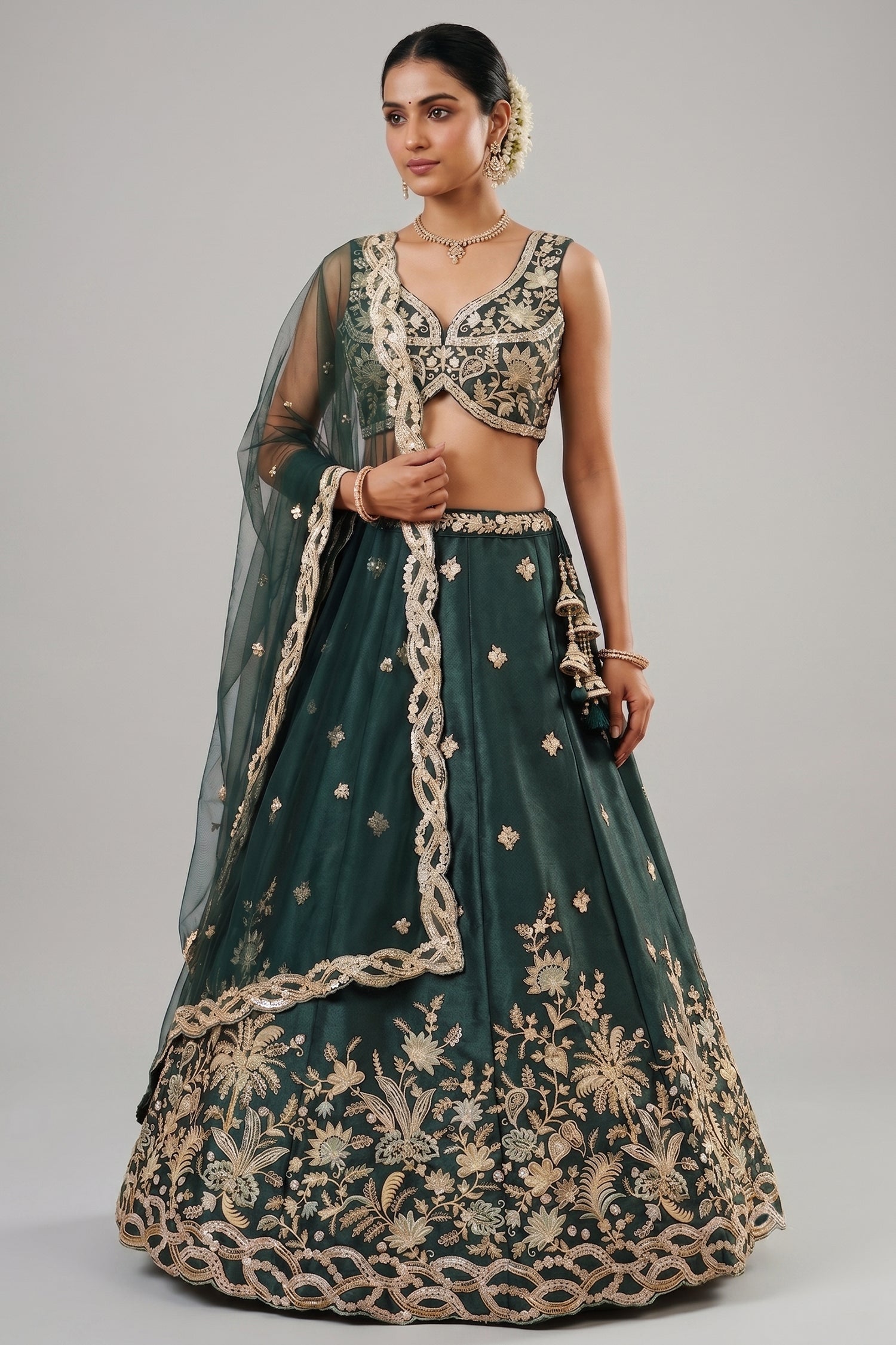 Rama Teal Silk Lehenga Choli with Tropical Botanical Embroidery Main image