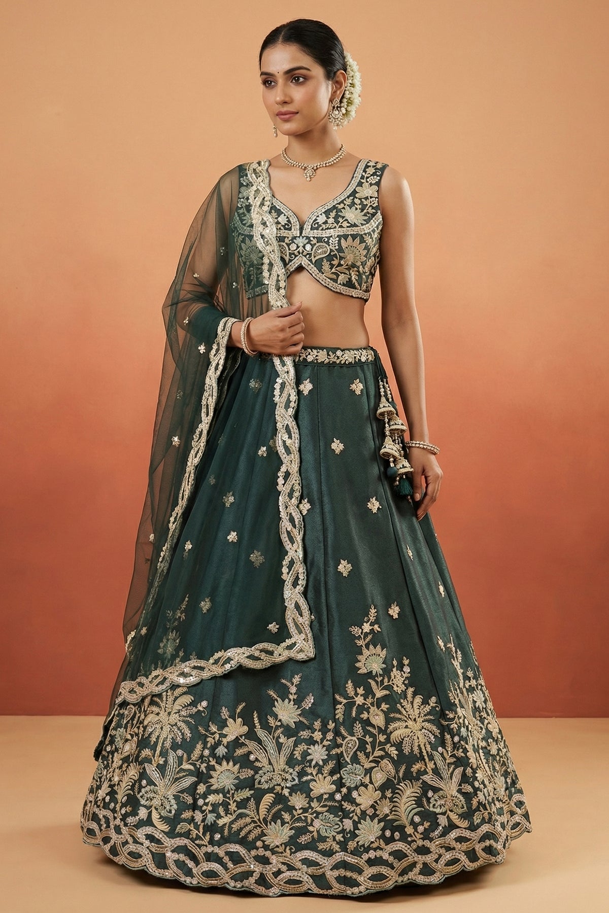 Rama Teal Silk Lehenga Choli with Tropical Botanical Embroidery