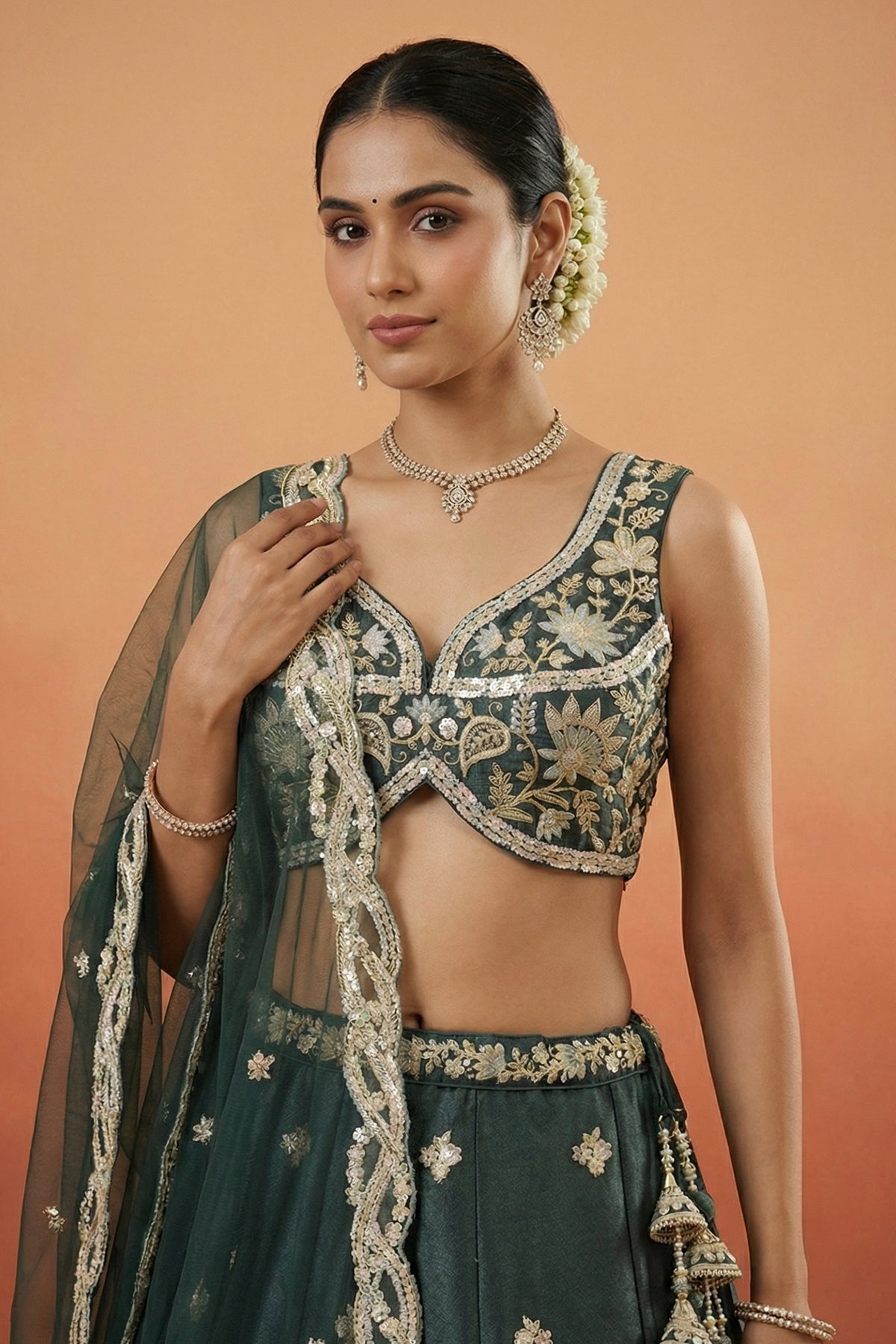Rama Teal Silk Lehenga Choli with Tropical Botanical Embroidery