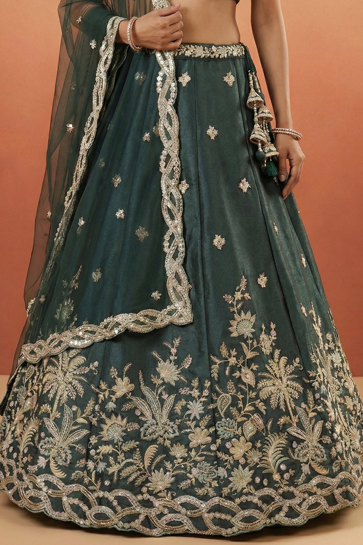 Rama Teal Silk Lehenga Choli with Tropical Botanical Embroidery