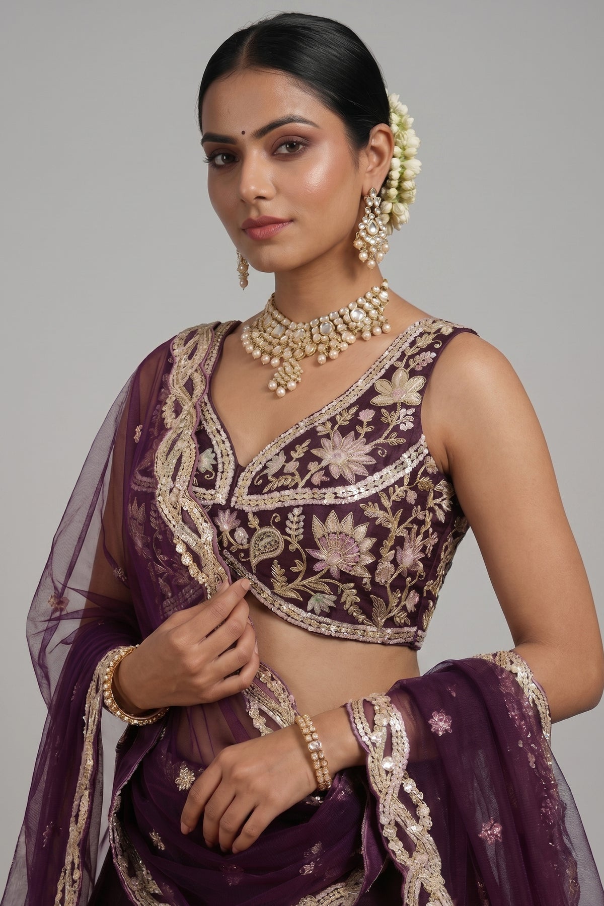 Deep Wine Silk Lehenga Choli with Tropical Botanical Embroidery
