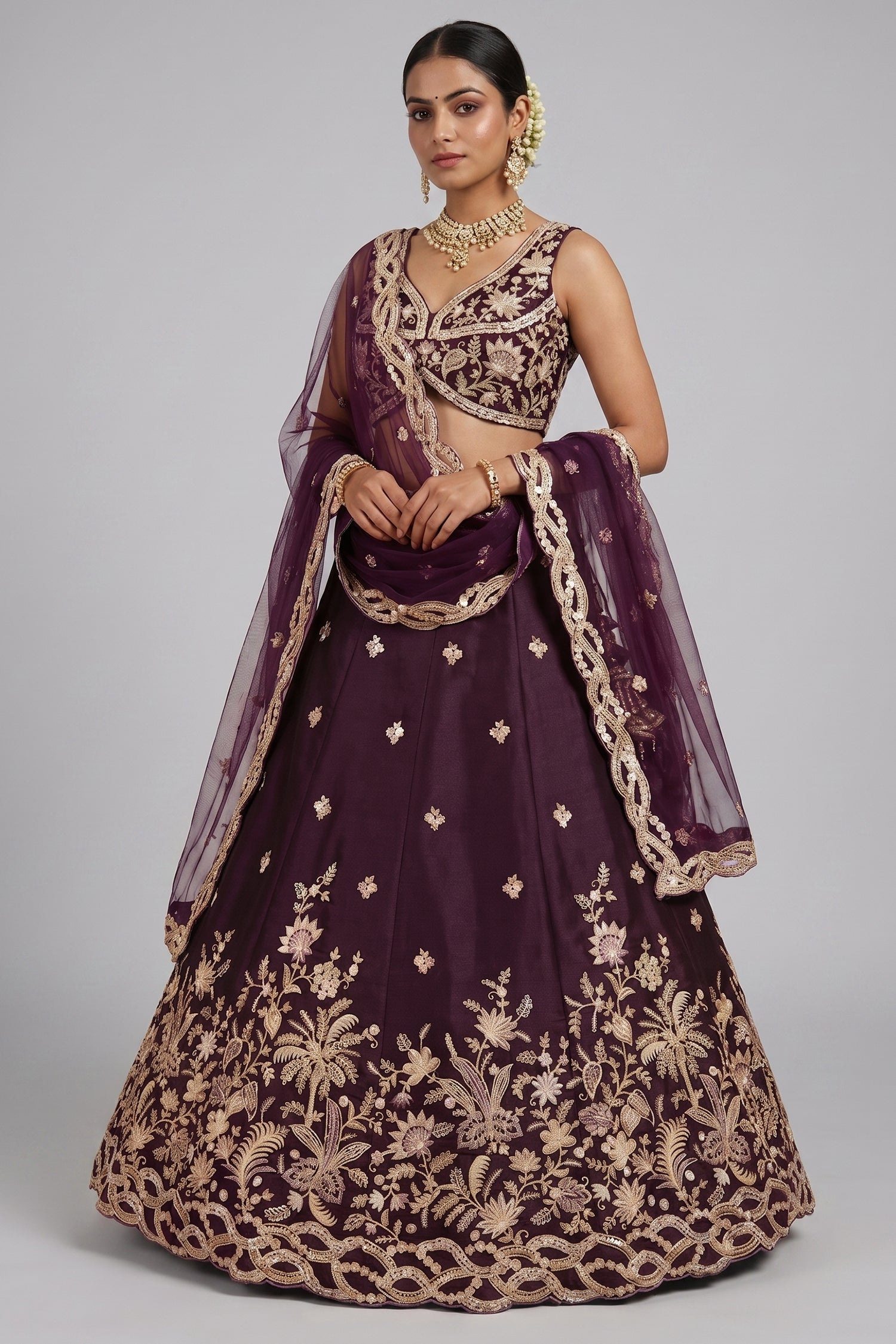 Deep Wine Silk Lehenga Choli with Tropical Botanical Embroidery Main image