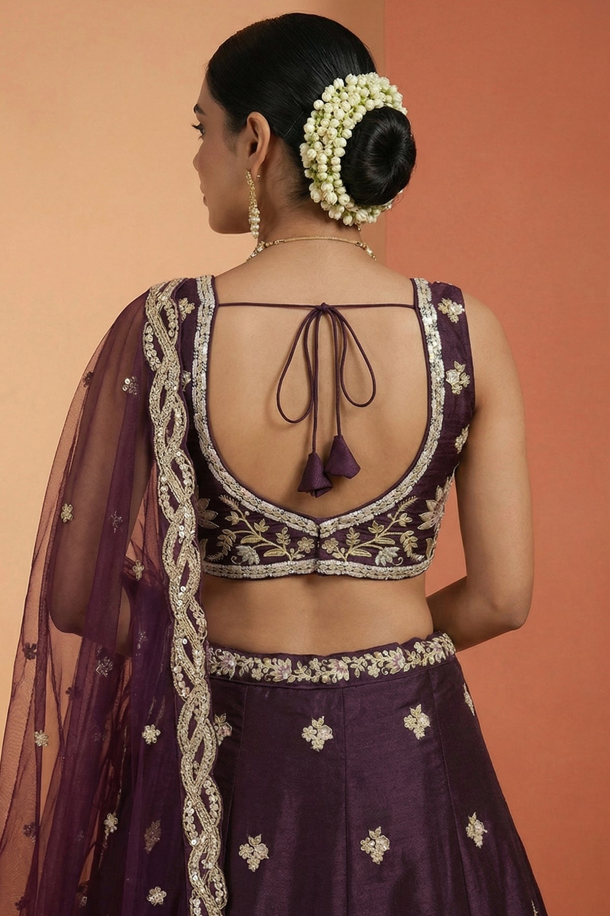 Deep Wine Silk Lehenga Choli with Tropical Botanical Embroidery