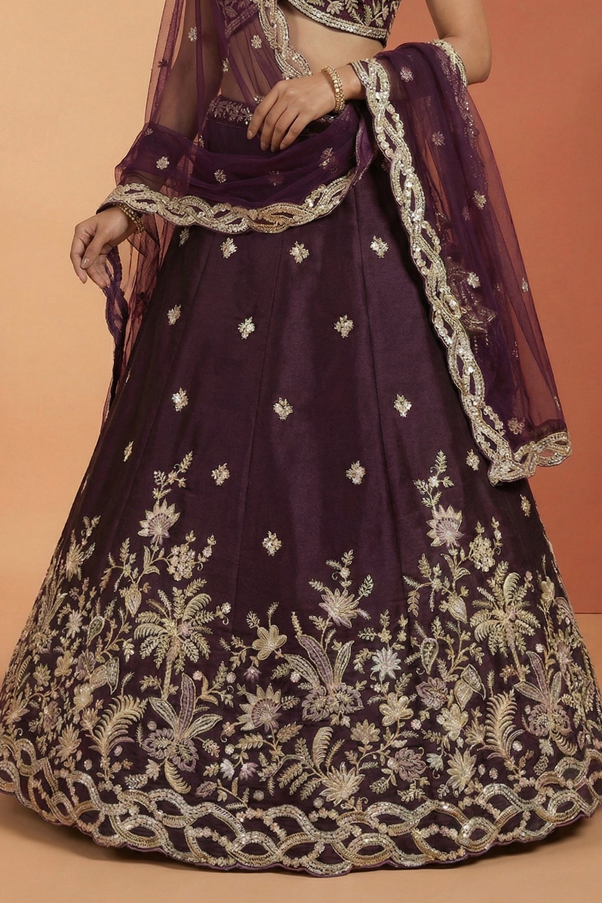 Deep Wine Silk Lehenga Choli with Tropical Botanical Embroidery