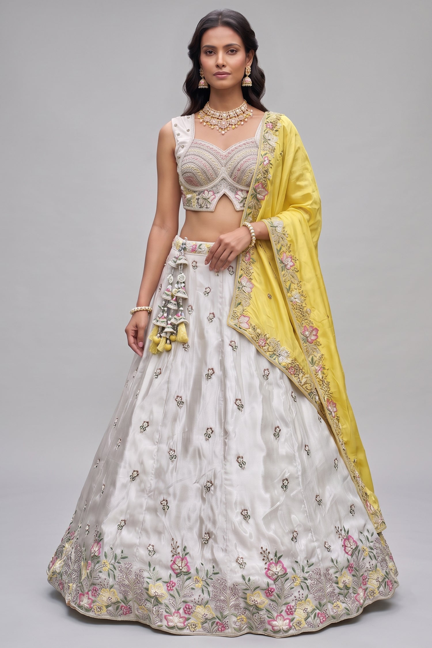 Off White Lehenga Choli with Floral Embroidered Border Main image
