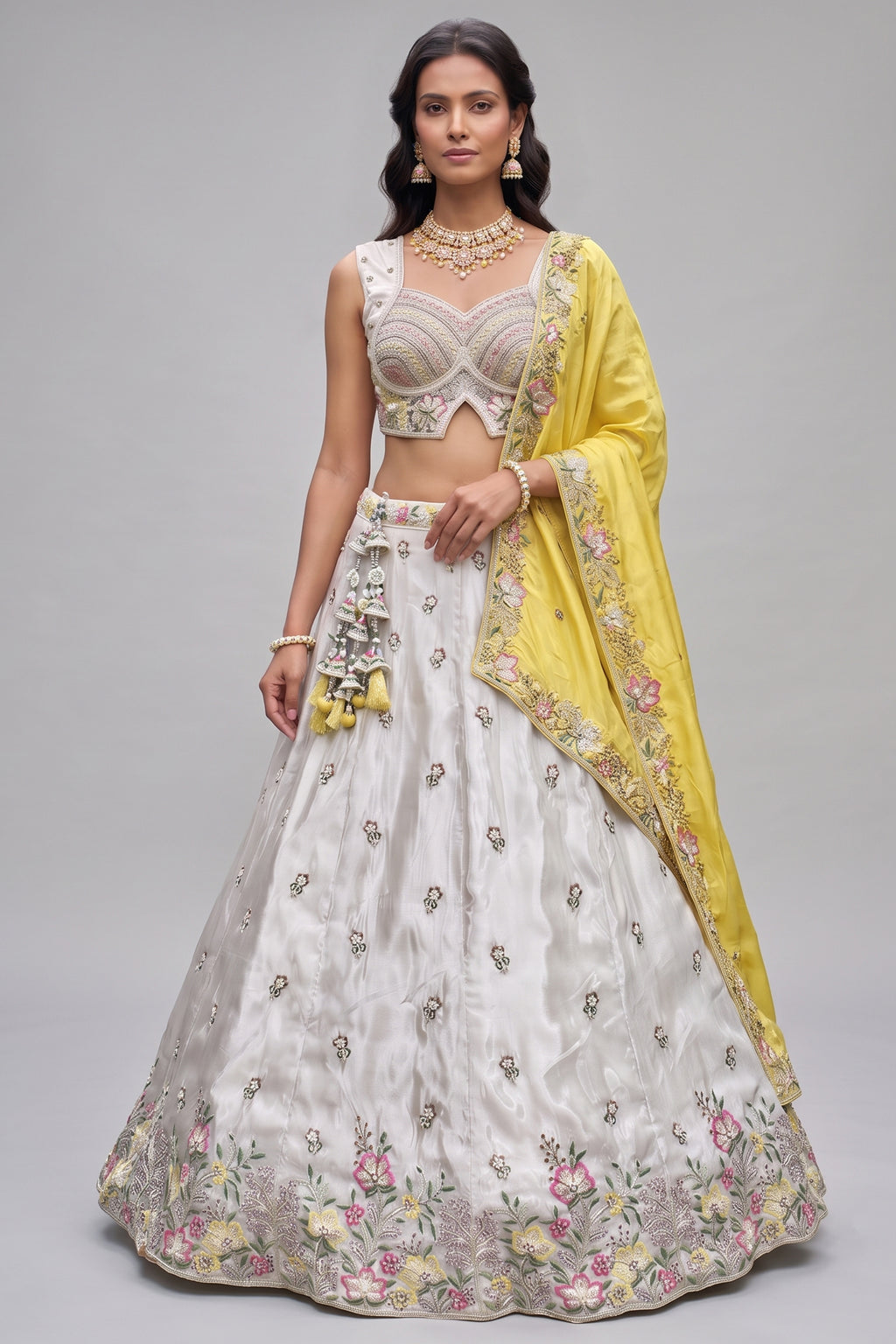 Off White Lehenga Choli with Floral Embroidered Border