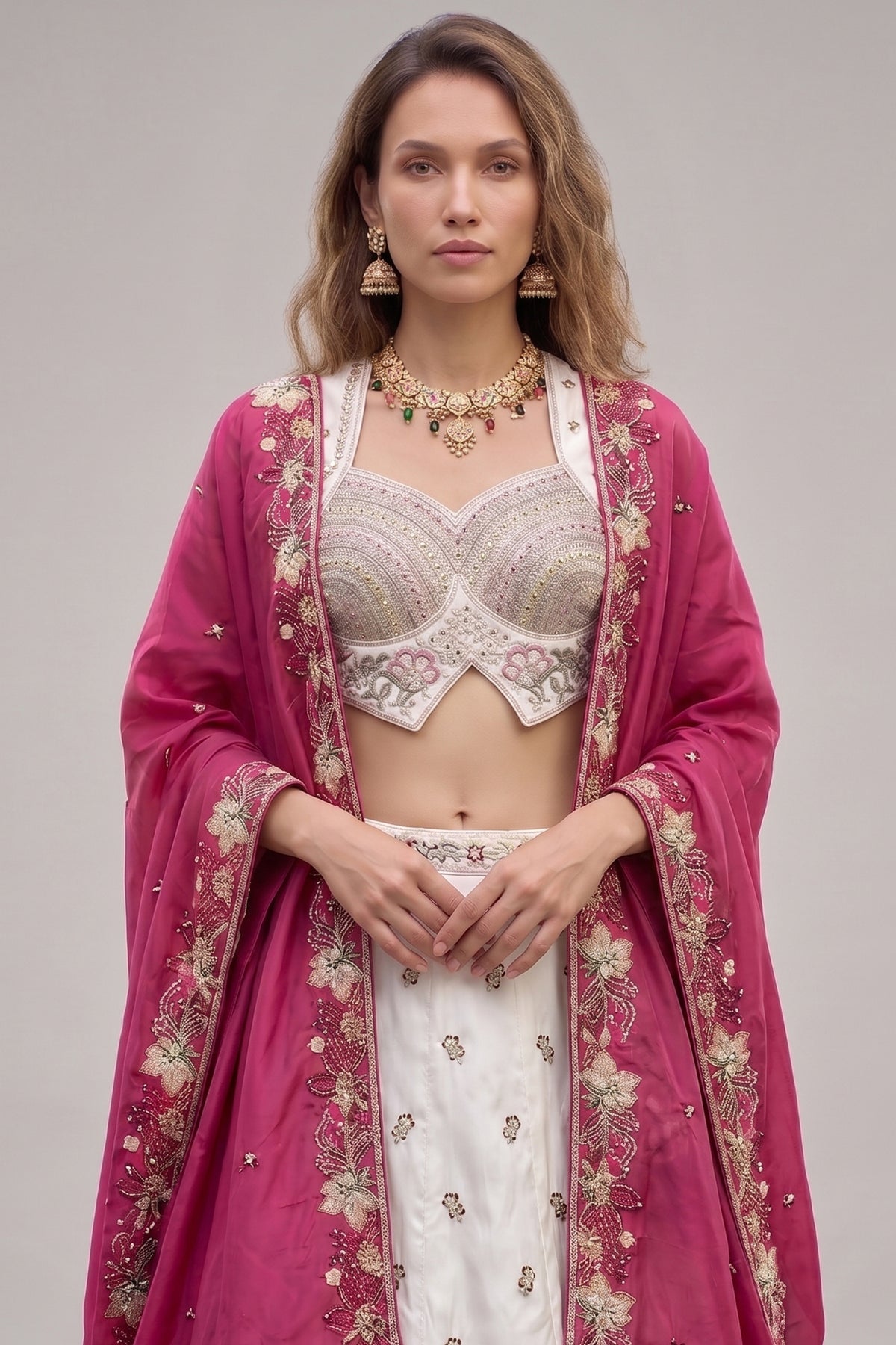 Off White Lehenga Choli with Floral Embroidered Border