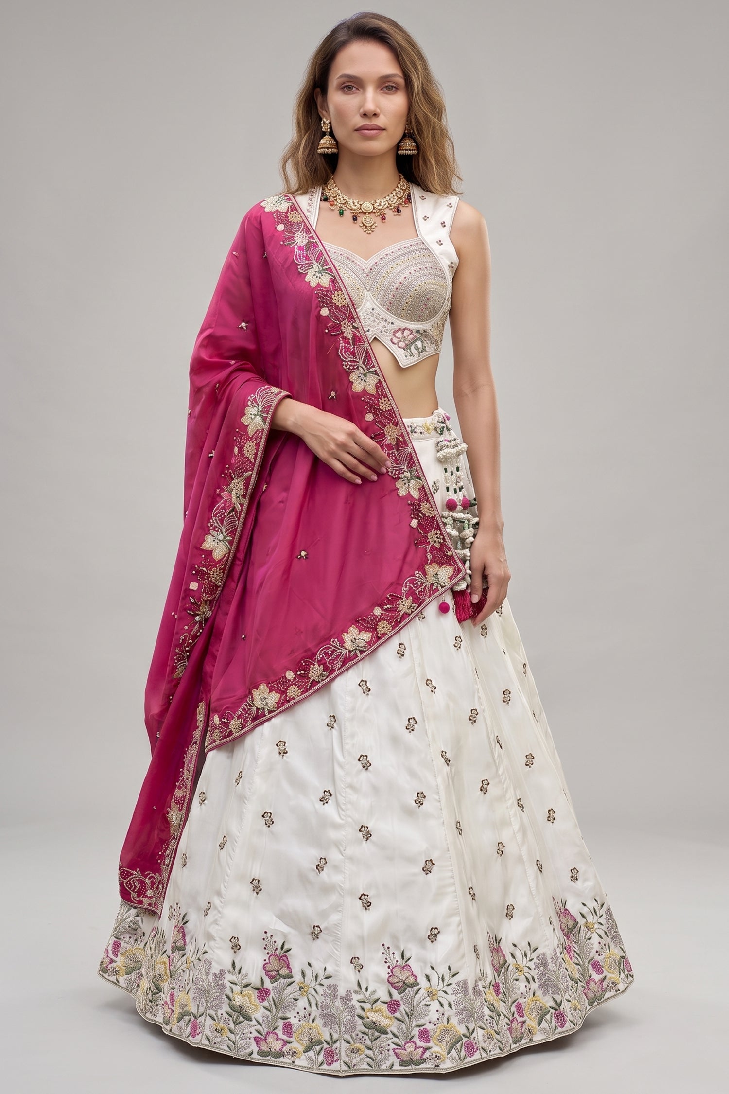 Off White Lehenga Choli with Floral Embroidered Border Main image