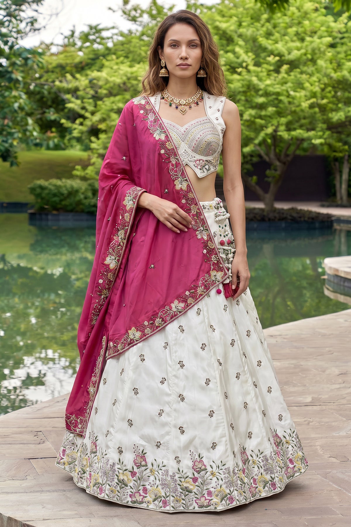 Off White Lehenga Choli with Floral Embroidered Border
