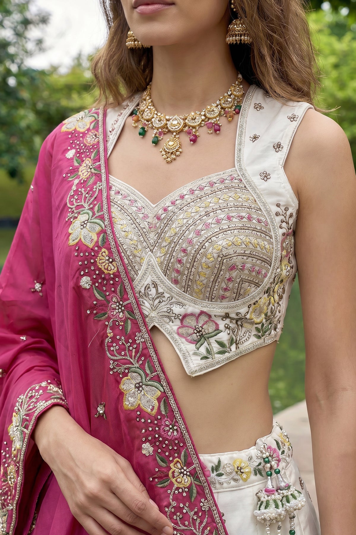 Off White Lehenga Choli with Floral Embroidered Border