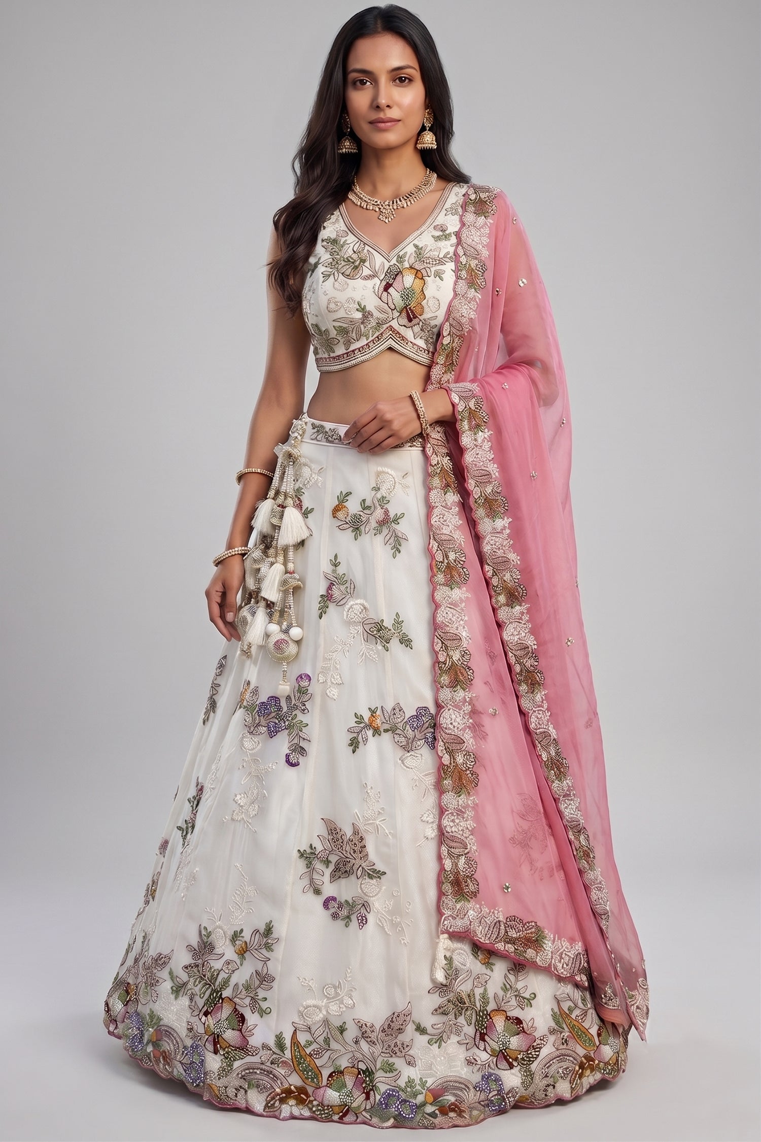 Off White Chiffon Lehenga Choli with Floral Pearl Embroidery Main image