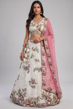 Off White Chiffon Lehenga Choli with Floral Pearl Embroidery