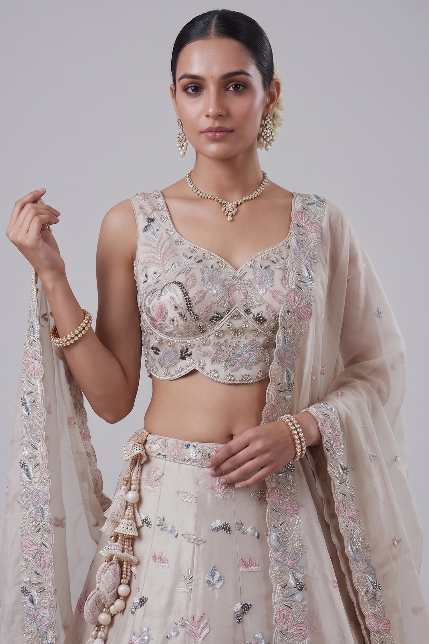 Soft Grey Lehenga Choli with Woodland Floral Embroidery Secondary image